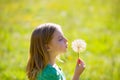Blond kid girl blowing dandelion flower in green meadow Royalty Free Stock Photo