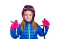 Blond kid girl happy going to snow with ski poles and helmet Royalty Free Stock Photo