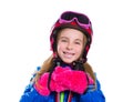 Blond kid girl happy going to snow with ski poles and helmet Royalty Free Stock Photo