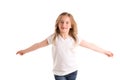 Blond kid girl indented jumping high wind on hair Royalty Free Stock Photo