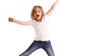 Blond kid girl indented jumping high wind on hair Royalty Free Stock Photo