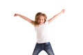 Blond kid girl indented jumping high wind on hair Royalty Free Stock Photo