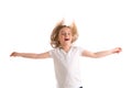 Blond kid girl indented jumping high wind on hair Royalty Free Stock Photo