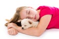 Blond kid girl with puppy chihuahua dog sleeping