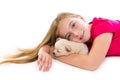 Blond kid girl with puppy chihuahua pet dog Royalty Free Stock Photo