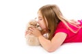 Blond kid girl with puppy chihuahua pet dog