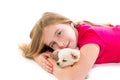 Blond kid girl with puppy chihuahua pet dog