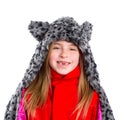 Blond kid girl with winter gray feline fur scarf hat in white