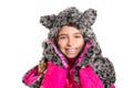 Blond kid girl with winter gray feline fur scarf hat in white Royalty Free Stock Photo