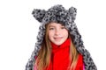 Blond kid girl with winter gray feline fur scarf hat in white Royalty Free Stock Photo