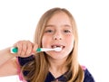 Blond kid indented girl cleaning teeth toothbrush