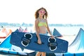 Blond kite surf teen girl in summer beach Royalty Free Stock Photo
