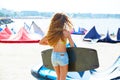 Blond kite surf teen girl in summer beach Royalty Free Stock Photo