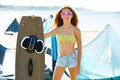 Blond kite surf teen girl in summer beach Royalty Free Stock Photo