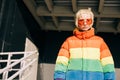 Androgyne Woman in the rainbow jacket