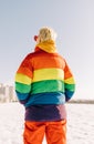 Androgyne Woman in the rainbow jacket