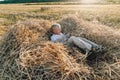 Blond little boy having fun jumping on hay in field. summer, sunny weather, farming. happy childhood. countryside Royalty Free Stock Photo