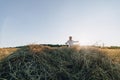 Blond little boy having fun jumping on hay in field. summer, sunny weather, farming. happy childhood. countryside Royalty Free Stock Photo