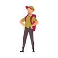 Blond Man as Park Ranger in Khaki Cap Standing with Backpack Vector Illustration