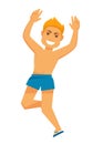 Blond man in blue shorts and flip-flops jumps