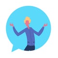 Blond man chat bubble character open arms gesture male avatar isolated cartoon portrait flat