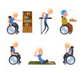 Blond Man with Disability in Wheelchair Engaged in Different Activity Vector Set