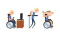 Blond Man with Disability in Wheelchair Playing Computer Game and Lifting Dumbbell Vector Set