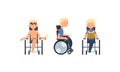 Blond Man with Disability in Wheelchair Reading Book and Sunbathing Drinking Cocktail Vector Set