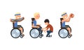 Blond Man with Disability in Wheelchair Strengthen Muscle Doing Physical Exercise Vector Set