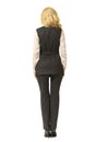 Blond manager woman in woolen official gray vest with belt and t