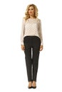 Blond manager woman in woolen official gray vest with belt and t