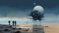 Blond Men On Beach With Huge Spaceship: Monochromatic Paintings And Detailed World-building