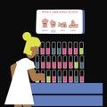 Blond nurse in a bathrobe observes a blood test in a test tube in a laboratory. Vector illustration on black background.