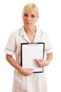 Blond nurse holding clipboard Royalty Free Stock Photo