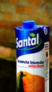 Blond orange juice in tetrapak from Santal company. Founded in 1980