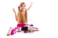 Blond pigtails roller skate girl sitting happy