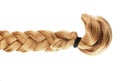 Blond plait or braid of blond hair on white background