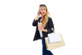 Blond shopaholic woman bags and smartphone