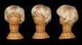 Blond short hair wig on mannequin head over black background isolated, set of three show many angle Royalty Free Stock Photo