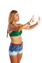 Blond short jeans woman selfie tablet photo Royalty Free Stock Photo