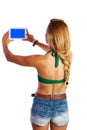 Blond short jeans woman selfie tablet photo Royalty Free Stock Photo