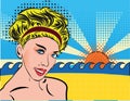 Blond smiley girl relax on the beach. Bohemian retro chic lady in pop art style. Portrait of a girl blonde with curvy