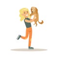 Blond smiling girl holding dachshund dog in her hands. Colorful cartoon character vector Illustration Royalty Free Stock Photo