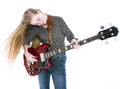 Blond teen girl with electric bass guitar against white background Royalty Free Stock Photo