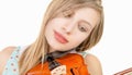 Blond teenage girl with long hair playing violin on white background Royalty Free Stock Photo