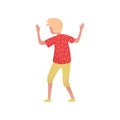 Blond teenager boy in dancing action, back view. Young guy student having fun at party. Flat vector illustration