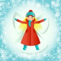 Blond teenager girl with long hair, in long red coat, is making snow angel lying in snow