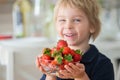 Blond toddler child, holding a bowl with strawberries, focus on the strawberries Royalty Free Stock Photo