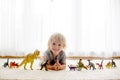 Blond toddler child, playing with dinosaurs at home