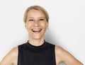 Blond White Woman Smile Happy Black Shirt Studio Portrait